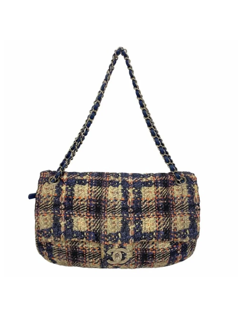 Chanel Shoulder Bag Nylon Navy Beige Pink Silver
